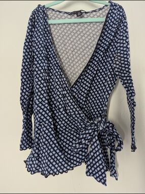 Banana Republic Blue Geometric Wrap Top with Tie Waist